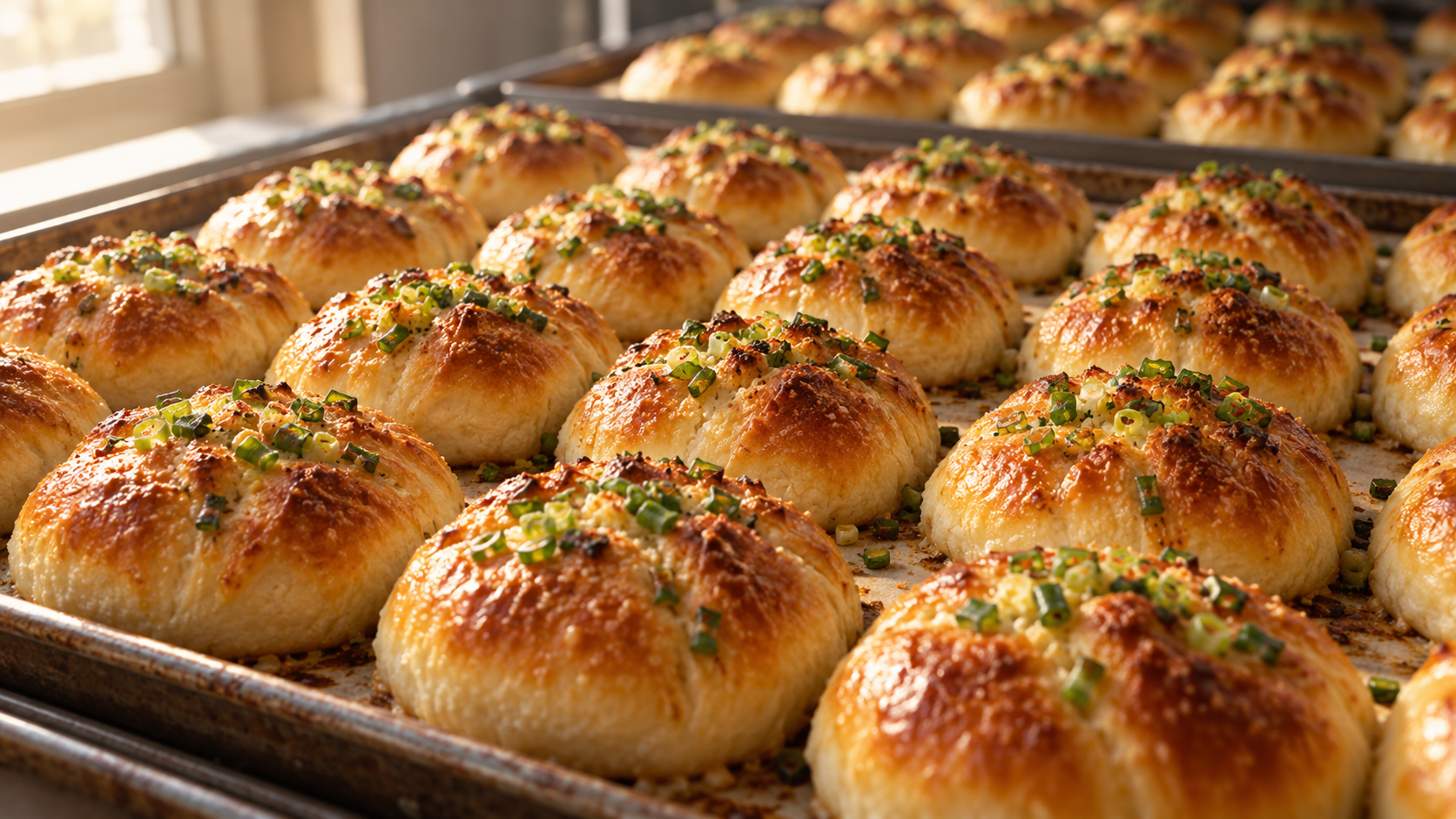 Tray of golden baked buns in rows, illustrative image