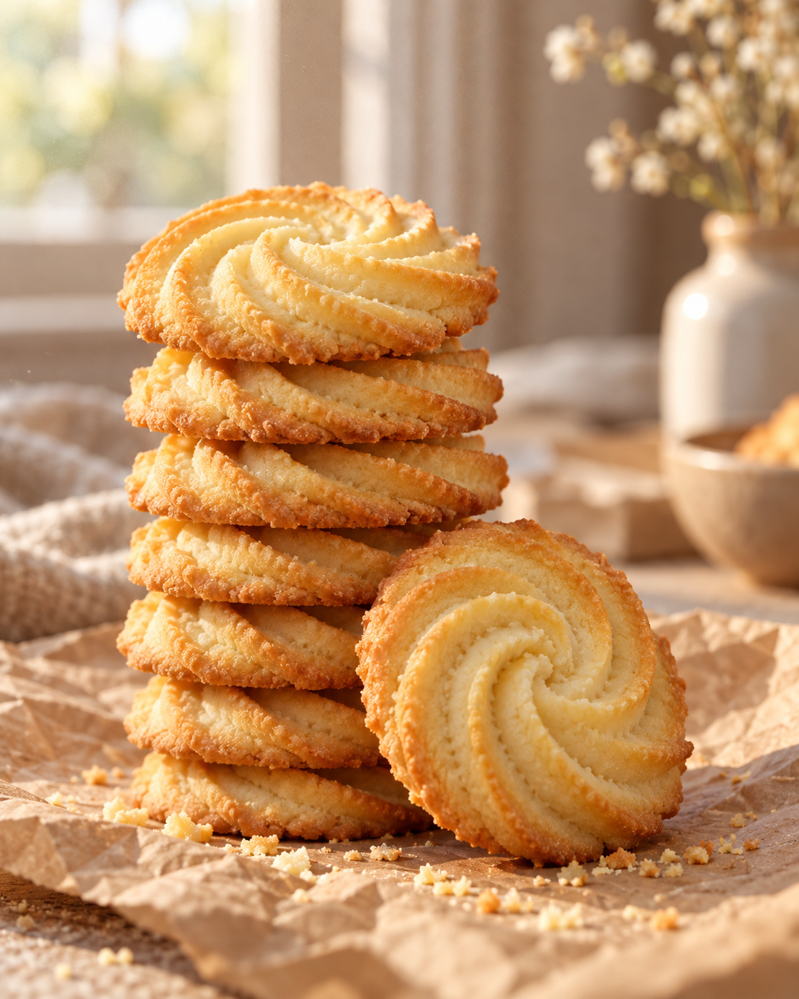 Stack of pale-gold swirl butter cookies, illustrative image